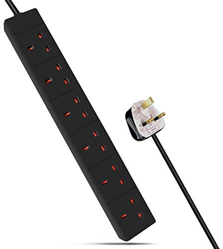 ExtraStar 6 Way Extension Lead, 13A Fused UK Plug Power Socket, 3M Extension Cable Power Strip - Black