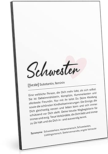 ARTFAVES® Worterklärung Schwester (Handschrift) | Definition Bild als Geschenk | Holzschild mit Spruch zum Thema Schwester | aus Dicker Holzplatte, benötigt keinen Rahmen