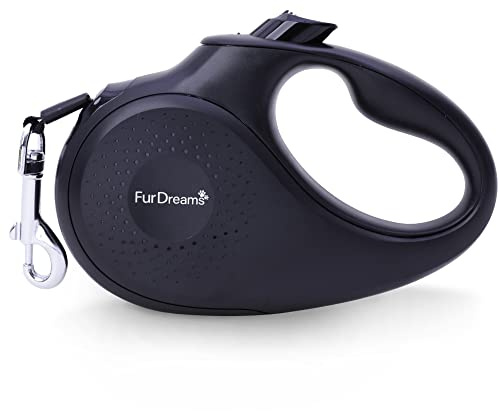FurDreams Einziehbare Hundeleine – robuste, ausziehbare (5 m) Leine | rutschfester Griff mit Verriegelungskontrolle | starkes verwicklungsfreies Nylonband & Halsband Haken (schwarz, klein)