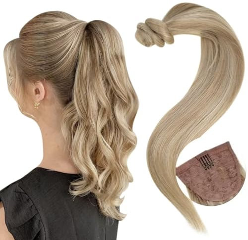 Easyouth Zopf Haarverlängerungen Echthaar Blond Zopf Extension Echthaar Aschblond Highlight Mittelblond 35 cm 70g Pferdeschwanz Extension Menschenhaar #16P22
