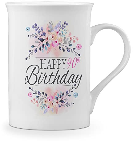 Floral Happy 90th Birthday Novelty Gift Fine Bone China Mug, White