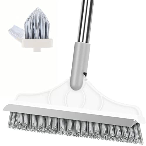 2 in 1 Cleaning Scrub Brush Grout Brush Scrape Floor Scrub Brush with Long Handle V-Shape Stiff Bristle Brush Scrubber with Squeegee 120°Rotating Shower Scruber for Cleaning Bathroom Glass Wall