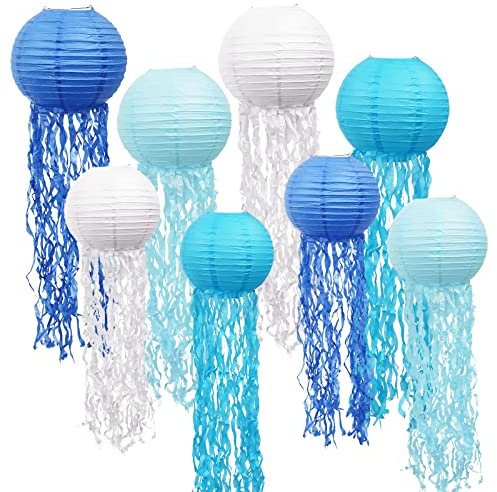 LURICO Quallenlaterne Papier Laterne 8 Stück Papierlaterne Laterne Deko Ozean Thema Party Lieferungen, Laterne Deko für Kinder Thema Party Taufe Geburtstag Zimmerdeko (Blau Weiß)