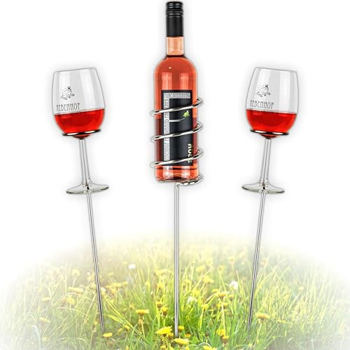 VON STEINEICH® Soporte para botellas de vino de acero inoxidable, para disfrutar del vino en cualquier lugar, el gadget para pícnic en la playa en el jardín y en el camping (juego de iniciación)