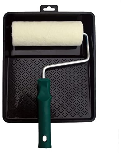 DERPOL - Kit professionale rullo pittura in tessuto Velour - 18 cm con vaschetta antigocciolamento - Per smalti a solvente sintetico e all'acqua, impregnanti e pitture anti vegetative.