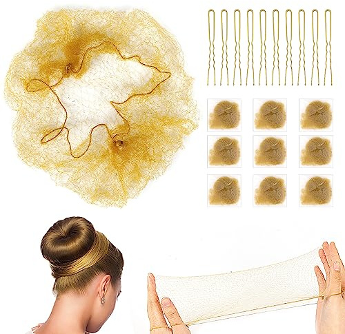 Hair Nets for Buns, 20Pcs Hair Bun Nets Blonde with 20Pcs U Shaped Hair Pins for Buns, Hair Bun Net Set Elastic Edge Mesh Invisible Ballet Hair Net for Girls Women