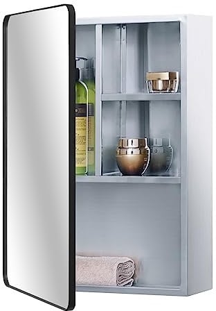 Fundin Edelstahl-Badezimmer-Spiegelschrank mit mattschwarzer Rahmentür, mehrere Einlegeböden, 37x53 cm (15 x 21 Zoll)