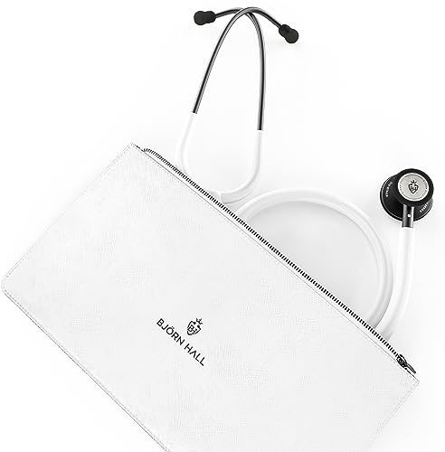 BJÖRN HALL Matte Black White Clinical Stethoscope & Case | Pediatric EMT LPN CNA & Respiratory Therapist | Length 26in | Perfect Nurse Kit | Bag Can Fit Name Tag Charms & Pen Light | White Tubing MBW