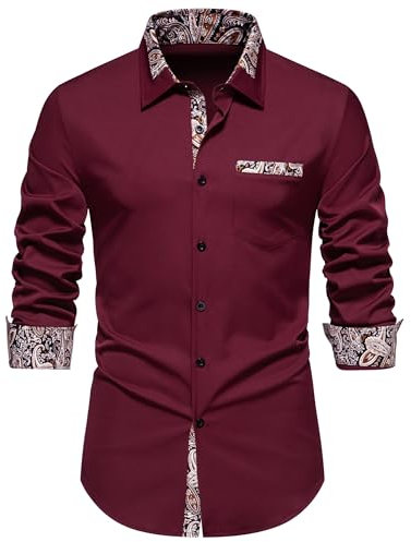 MakingDa Men's Inner Contrast Dress Shirt Paisley Business Casual Smart Formal Classic Long Sleeve Regular Fit Button Down Wedding Party Work Shirts with Pockets-A354-Burgundy-L