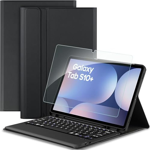 EasyAcc Tastatur Hülle Kompatibel mit Samsung Galaxy Tab S9 Plus/S9 FE+ 12.4 Zoll 2023 mit Schutzfolie, Abnehmbar Tastatur Schutzhülle mit Pencil Halter, Schwarz