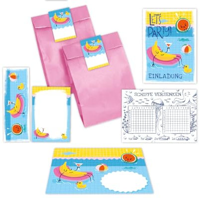 12 Einladungskarten zum Kindergeburtstag Schwimmbad Jungen Mädchen Jungsgeburtstag Mädchengeburtstag incl. 12 Umschläge, 12 Tüten/rosa, 12 Aufkleber, 12 Lesezeichen, 12 Blöcke, 12 Schiffe versenken