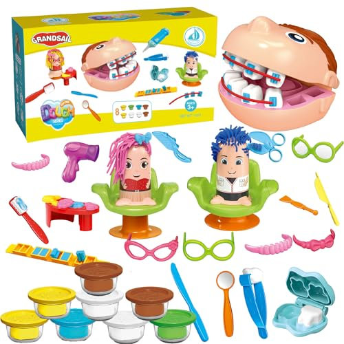 2-in-1 Friseur & Zahnarzt Playdough Spielset für Kinder 3-6 Jahre | knete zubehör | Kreatives Rollenspielzeug mit Zubehör | Dentist Set & Hair Salon für Feinmotorik | Playdogh Knete Geschenk