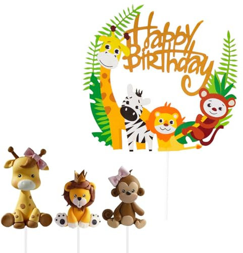 Waldtiere Tortendeko, 4 Stück Geburtstag Dschungel Tiere, Happy Birthday Cake Topper Zoo Safari für Junge Mädchen