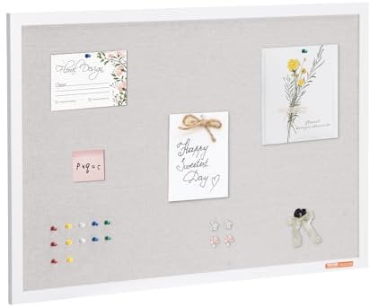 VEVOR Tableau en Liège Blanc 90 x 60 cm, Table d’Affichage Multifonctionnelle avec Surface en Lin, Panneau d’Affichage Mural, avec Accessoires, pour Épingler Mémo Notes Photos Bureau Maison École