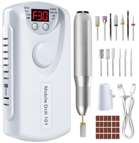 Droyek Portable Nail Drill Professional 30000 RPM, 13 Salon Quality Drill bits 50 Sanding Bands Portable & Low Noise for Acrylic Nails Gel Polishing Removing, Bits Kit for Manicure Salon Home Use