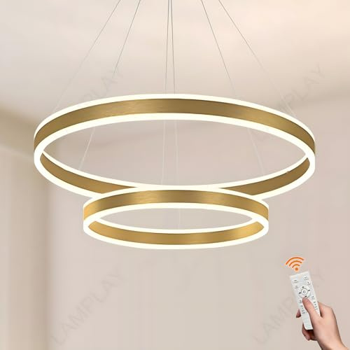 LAMPLAY Runde Moderne LED-Pendelleuchte, 2 Golden Ring-Kronleuchter, Dimmbar Mit Fernbedienung 3000K-6000K Deckenleuchte, Höhenverstellbar, Foyer, Wohnzimmer, Schlafzimmer, Esszimmer(Ø60+80cm)