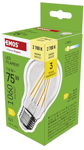 EMOS LED Lampe Edison A60, 7,8W Ersatz für 70W Glühbirne, Vintage-Glühlampe mit E27 Sockel und Helligkeit 1060 lm, Warmweiß 2700 K, 25000 Stunden Lebensdauer, CRI > 80, 360° Abstrahlwinkel