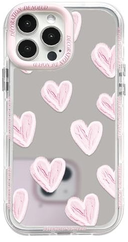 NITITOP Compatible with iPhone 15 Pro Case Cute Glossy Mirror Love Heart Pattern for Women Girls Pink Lens Bezel Design Shockproof Silver Protective Phone Cover - Pink Heart