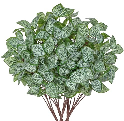 Oairse 5 Bundles Artificial Greenery Plants Stems Faux Fittonia Leaves Plant Bouquet Fillers for Arrangement, Fake Shrub Bushes Plants for Home Centerpiece Indoor Outdoor Garden Patio Porch