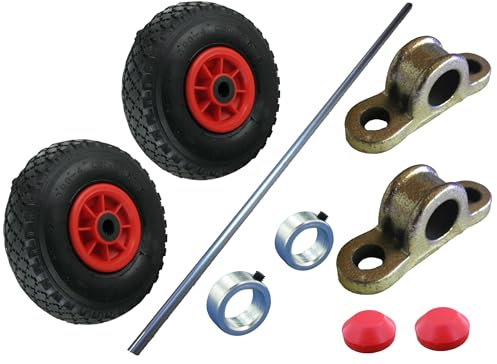 Rollentechnik Wagenbausatz mit 2 Polyurethan-Räder Ø260x85 (Kunststoff-Felge oder Stahlblechfelge), 1 Achse 20x1000 mm, 2 Stellringen, 2 Achsböcken und 2 Abschlusskappen