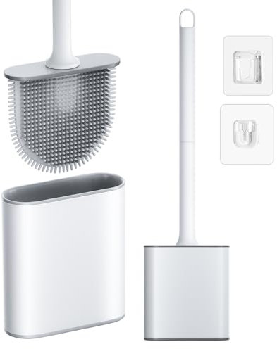 NEUTYPECHIC Brosse Toilettes WC Silicone Amovible, Brosse WC Suspendu avec Base Séchage Rapide, Balai Toilette WC Silicone Nettoyage Flexible, Tête Plate Balayette WC Installation Murale et Debout
