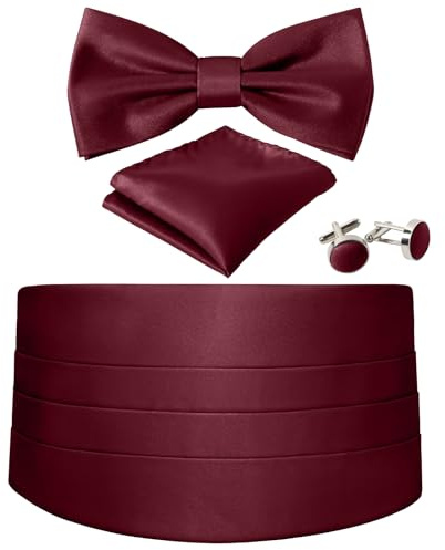 Cummerbund and Bow Tie Set Solid Color Adjustable Formal Men's Burgundy Cumberbund Bowtie Cufflinks Set & Pocket Squares