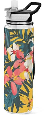 OWFKAY Botella de agua Tritan sin BPA, botella de agua tropical moderna con asa de transporte, a prueba de fugas, ideal para viajes, escuela, gimnasio, aire libre, 907 ml