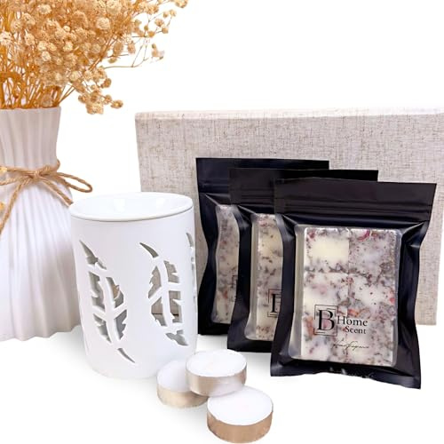 Botanical Wax Melts Gift Set with Ceramic Wax Melt Burner – Hand-Poured Scented Wax Melts, Tealights and Natural Linen Gift Box