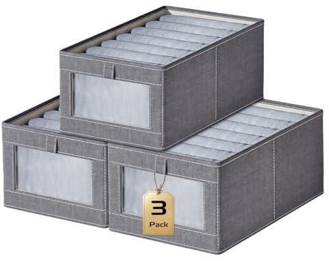 Aiuuee 3 Stück Aufbewahrungskorb Stoff, Faltbar Aufbewahrungsbox Stoff mit Transparentem Sichtfenster, Faltbox Stoffboxen Aufbewahrung für Kleiderschrank, Regal, Schubladen (Grey, 44x30x20cm)