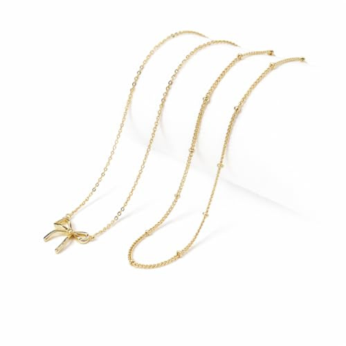 14 Karat vergoldete Halskette, Damen-Goldschleifen-Halskette mit Schleifenanhänger, doppelte Y-Kette, zarte Goldkette, modische Schleifen-Halskette für Damen, elegante Halskette, Geschenk für Mädchen