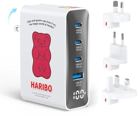 Haribo 100W Reiseadapter USB C Ladegerät, 4-Port GaN Travel Adapter | mit UK/EU/AU Reisestecker, PD Schnellladegerät für MacBook Pro, Laptops, Galaxy S26/S25, iPhone, iPad, Geschenk, Rot