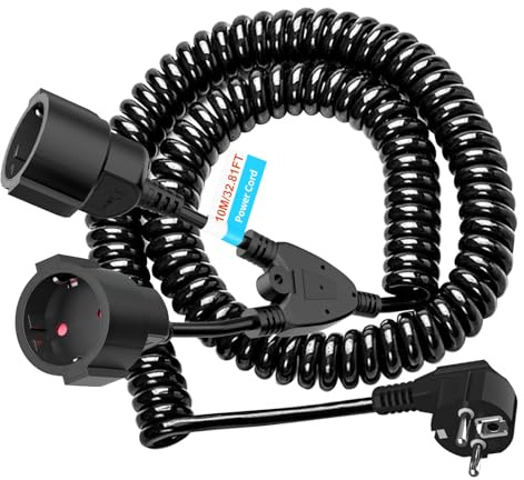 Rallonge électrique en spirale 10 m Max - Contact de protection - Câble en spirale extensible - Rallonge IP20 avec prises 2 prises - Double prise Schuko - 3 x 1,0 mm² (230 V/16 A) - Noir