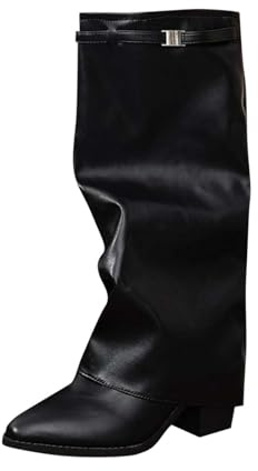 Fold Over Boots Women Wide Calf Casual Long Boot Square Toe Stylish Chunky Heel Non-Slip Comfy Classic Pull On Mid Calf Boots Outdoor Party