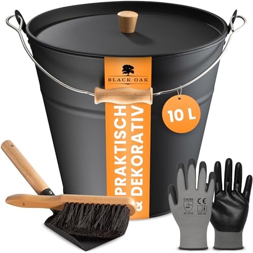 BLACK OAK Ascheeimer Fuego 10L - schwarz mit Feger, Schaufel & Handschuhen | - 10L groß mit Deckel mit Holzgriff Stahl feuerfest verzinkt & pulverbeschichtet Eimer für Asche Kohle Pellets Zubehör Kamin