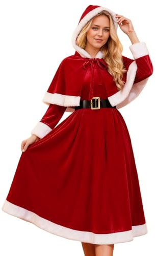 Weihnachtsmann Kostüm Damen Weihnachtskleid Nikolaus Kostüm Rot Samt Weihnachten Kleid Damen Lustig Weihnachtskostüm Frauen Mrs Santa Claus Costume mit Umhang & Gürtel für Weihnachtsfeiern Cosplay