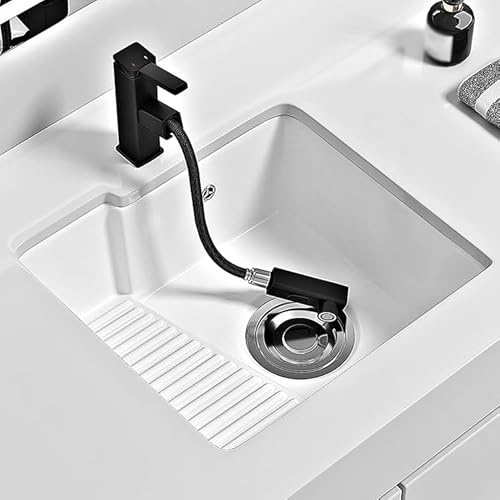 Lavabo Baño de Cerámica con Tabla de Lavar, Pila Lavadero, Lavabo Bajo Encimera con Grifo Extraíble y Orificio Desbordamiento, para Familias Pequeñas y Apartamentos(47x44cm/18.5x17.3in)