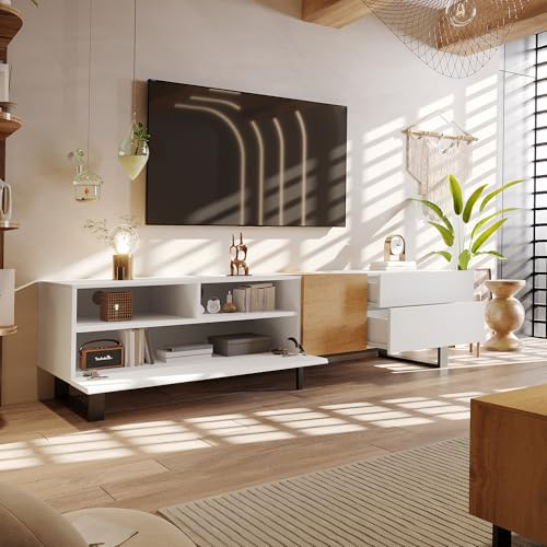 ZKLOEP Mueble para TV de 180 x 50 x 38 cm, moderno aspecto blanco y madera, diseño minimalista
