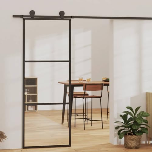 Lot complet de 3 portes coulissantes en bois - En verre ESG et aluminium - 76 x 205 cm - Noir - Pour salon, salle de bain