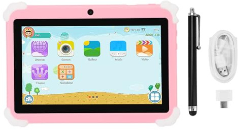 Hominas Tablet 7 Pollici Android 7.0 Tablet Touch Screen con Custodia Protettiva Supporto 1 GB di RAM 16 GB di Memoria Display HD Doppia Fotocamera Batteria a Lunga Durata per Bambini (Rosea)