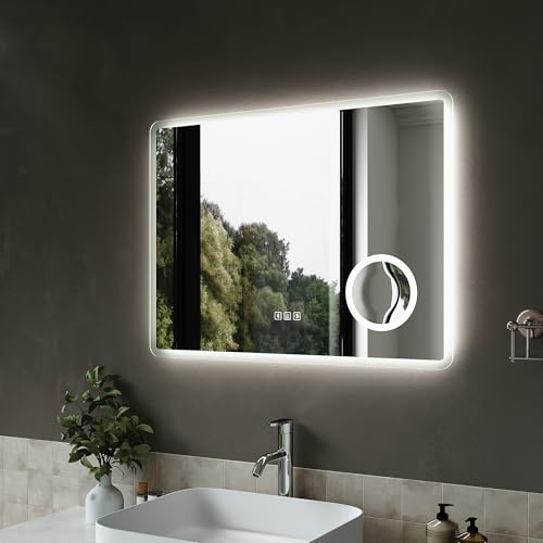 SIRHONA Specchio Bagno con 3 x Lente d'ingrandimento 80x60cm, Bluetooth, dimmerabile, 3 colori leggeri, anti-appannamento, memoria, IP44, presa, specchio luminoso bagno, orizzontale/verticale