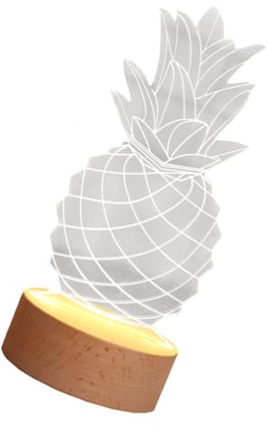 jojofuny Ananas Nachtlicht Tischlampe aus Kunststoff mit Holzsockel Dekoratives Nachtlicht für Zuhause und Schreibtisch Stabiles LED Lampenornament Zufälliger Stil