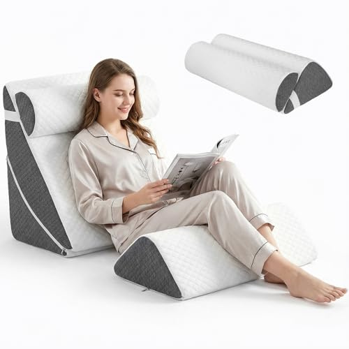 Aofesel Set di 4 cuscini ortopedici a cuneo, 4 in 1, regolabili, in memory foam, cuscino triangolare regolabile per gambe in caso di apnea notturna e bruciore di stomaco, con rivestimento rimovibile e