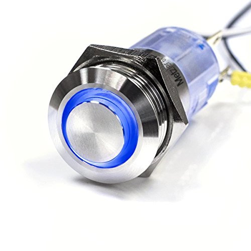 LED-Druckschalter - Einbau-Durchmesser 16 mm - Vandalismus-geschützt - Edelstahl - rostfrei wasserdicht - mit Ringbeleuchtung (Rastend, Blau)
