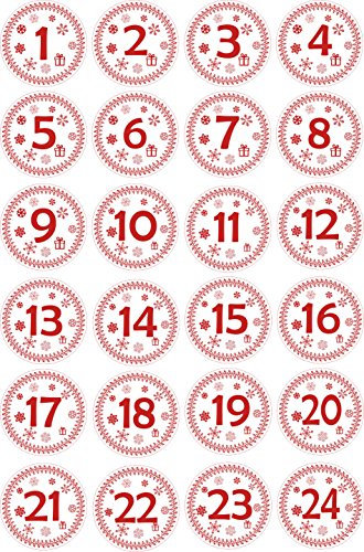 INDIGOS UG - Aufkleber für Adventskalender 1 bis 24 - weiß Zahlen - Labels - Stickers - Weihnachtskalender - Weihnachten - Advent - rund - zum Aufkleben
