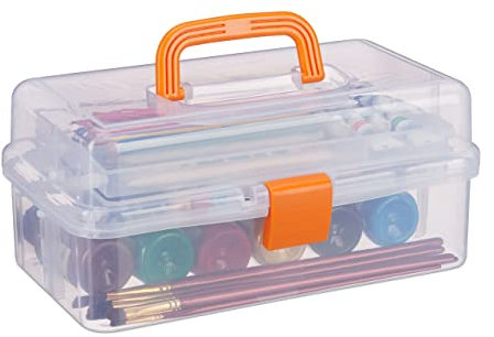 Relaxdays 1 x Transparente Plastikbox, 9 Fächer, Werkzeugbox, Nähkästchen, Werkzeugkoffer, Werkzeug, HBT 14x33x19 cm, orange