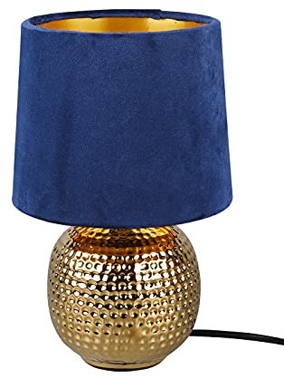 Reality Leuchten Tischleuchte Sophia R50821012, Keramik goldfarbig, Samtschirm blau/goldfarbig, exkl. 1x E14, 16 cm