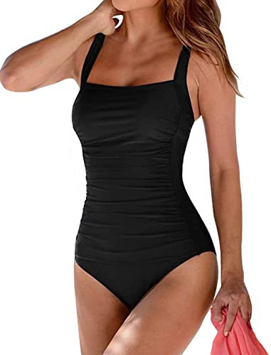 Brosloth Femme Maillot de Bain 1 pièce Push Up Ruché Effet Ventre Plat Réglable Élégant Monokini de Sport Beachwear Noir XL