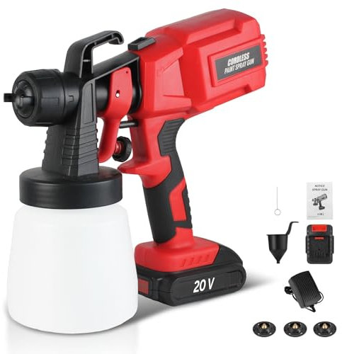 Pistola a spruzzo a batteria ricaricabile al litio 20 V - Spruzzatore di vernice - Serbatoio 1L - 3 modalità di applicazione - 4 dimensioni di ugello, strumenti di pulizia e tester di viscosità