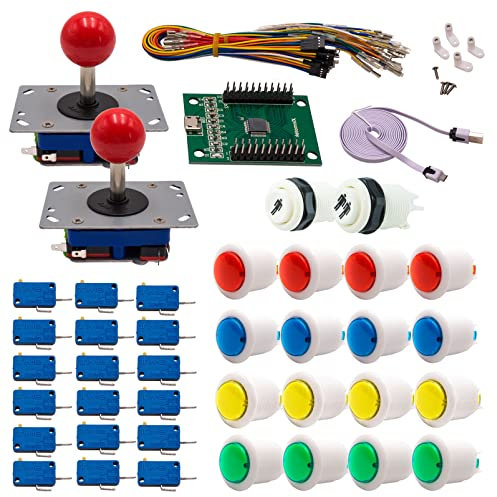 Kit Joysticks et boutons Arcade 2 Joueurs Boutons Bicolores Blancs Joysticks Zippyy Tiges Courtes Boules Carte XinMoTek Jeux Vidéo Retro Gaming