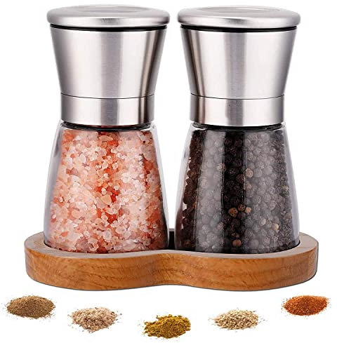 LessMo Salt and Pepper Grinder Set, 2pcs Spice Grinders, Set of Grinders with Adjustable Coarseness, Premium Stainless Steel Salt & Pepper Mill, Easy-Fill Mills , Lids & Stand, for Peppercorn Spice